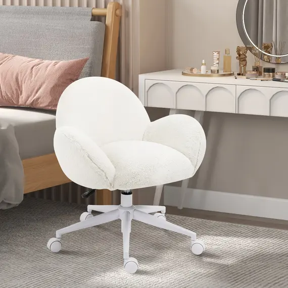 Buy Makeup Vanity Chair, Cute Fluffy Desk Chair with Rolling Wheels for Bedroom Living Room, Cream White, 2 image
