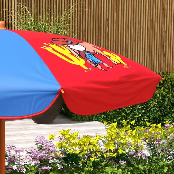 Buy 4 Piece Kids Garden Furniture Set with Adjustable Canopy, Cowboy Themed, Kids Garden Table and Chair Set and Double Seat Swing Chair for Patio Park Porch, for Ages 3-6 Years - Red and Blue, 9 image