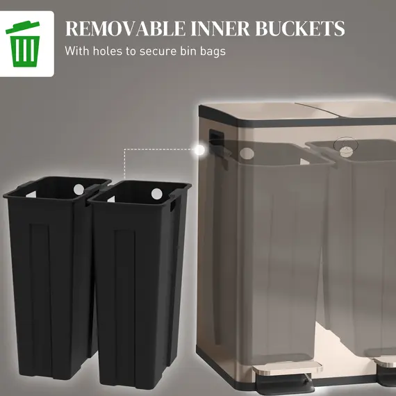 Buy HOMCOM 40L Dual Compartment Stainless Steel Bin, with Deodoriser Holders - Gold Tone, 7 image