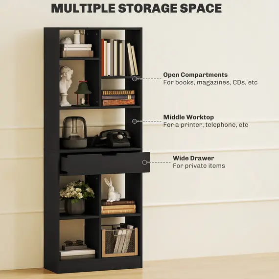 Buy Tall Bookshelf with Drawer, Freestanding Bookcase for Bedroom, Living Room, Home Office, Black, 4 image