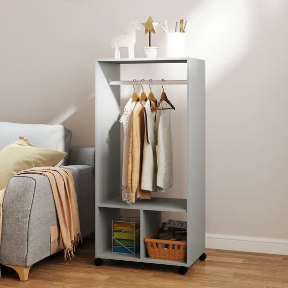Buy Open Wardrobe on Wheels, Bedroom Wardrobe with Clothes Hanging Rail, 2 Storage Shelves, Mobile Garment Rack for Cloakroom, Hallway, Grey, 7 image