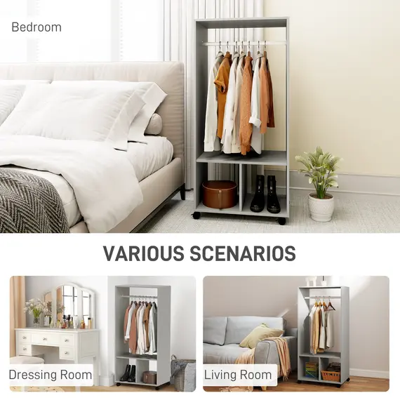 Buy Open Wardrobe on Wheels, Bedroom Wardrobe with Clothes Hanging Rail, 2 Storage Shelves, Mobile Garment Rack for Cloakroom, Hallway, Grey, 6 image