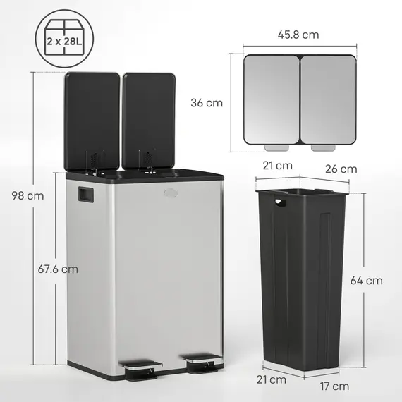 Buy 56L Dual Compartment Stainless Steel Bin, with Deodoriser Holders - Silver Tone, 3 image