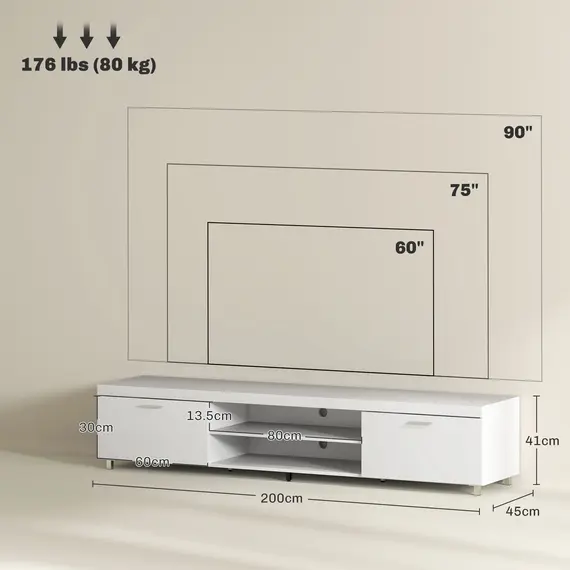 Buy Modern TV unit Cabinet Entertainment Centre for TVs up to 90" w/ Cabinet Shelf for Living room Bedroom White, 3 image