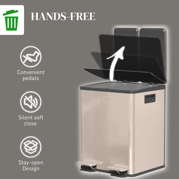 Buy HOMCOM 40L Dual Compartment Stainless Steel Bin, with Deodoriser Holders - Gold Tone, 6 image