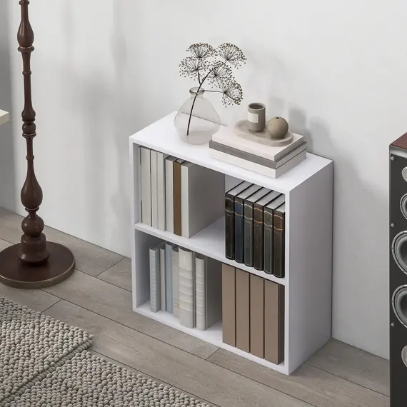 Buy 2 Tier Bookshelf, Low Bookcase with Adjustable Shelf, 2 Compartments for Home Office, Living Room, Study, White, 7 image