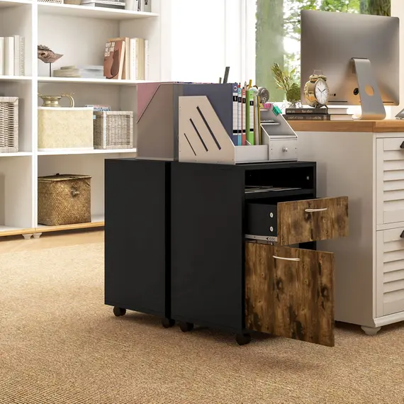 Buy HOMCOM Filing Cabinet, Mobile File Cabinet with 2 Lockable Drawers, Office Home Organiser on Wheels for A4, Letter-Size File Folders, Mobile Printer with Open Shelf, Rustic Brown, 8 image