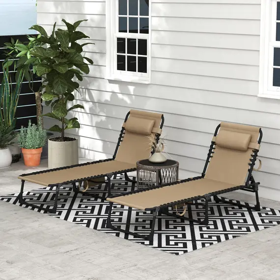 Buy Outsunny Portable Sun Lounger Set of 2, Folding Camping Bed Cot, Reclining Lounge Chair 5-position Adjustable Backrest with Side Pocket, Pillow for Patio Garden Beach Pool, Beige, 2 image