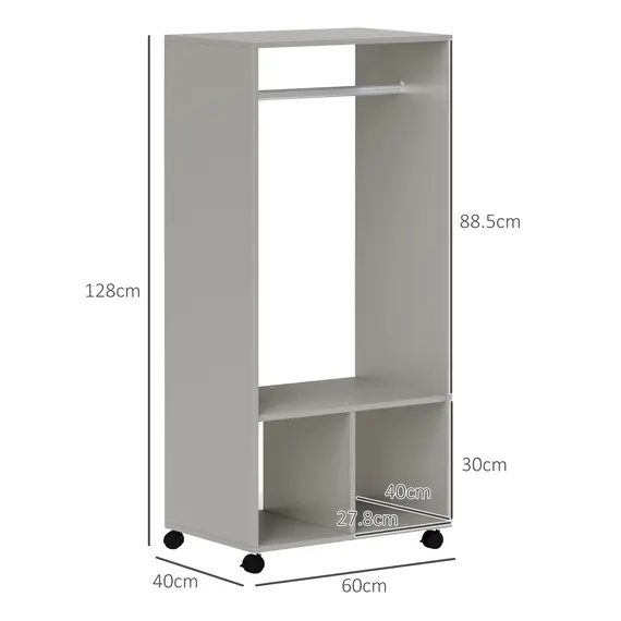Buy Open Wardrobe on Wheels, Bedroom Wardrobe with Clothes Hanging Rail, 2 Storage Shelves, Mobile Garment Rack for Cloakroom, Hallway, Grey, 3 image