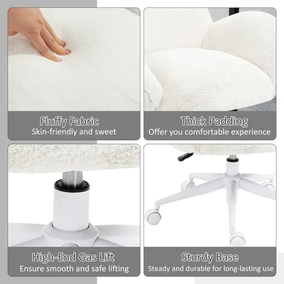 Buy Makeup Vanity Chair, Cute Fluffy Desk Chair with Rolling Wheels for Bedroom Living Room, Cream White, 6 image