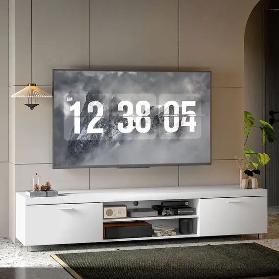 Buy Modern TV unit Cabinet Entertainment Centre for TVs up to 90" w/ Cabinet Shelf for Living room Bedroom White, 9 image