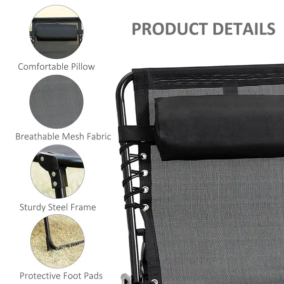 Buy Outsunny Portable Sun Lounger Set of 2, Folding Camping Bed Cot, Reclining Lounge Chair 5-position Adjustable Backrest with Side Pocket, Pillow for Patio Garden Beach Pool, Black, 5 image
