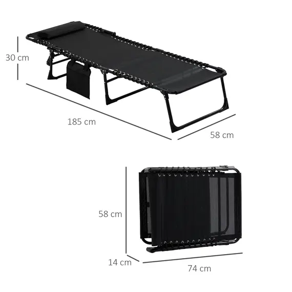 Buy Outsunny Portable Sun Lounger Set of 2, Folding Camping Bed Cot, Reclining Lounge Chair 5-position Adjustable Backrest with Side Pocket, Pillow for Patio Garden Beach Pool, Black, 3 image