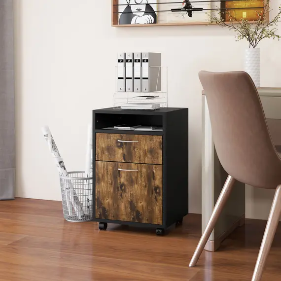 Buy HOMCOM Filing Cabinet, Mobile File Cabinet with 2 Lockable Drawers, Office Home Organiser on Wheels for A4, Letter-Size File Folders, Mobile Printer with Open Shelf, Rustic Brown, 9 image