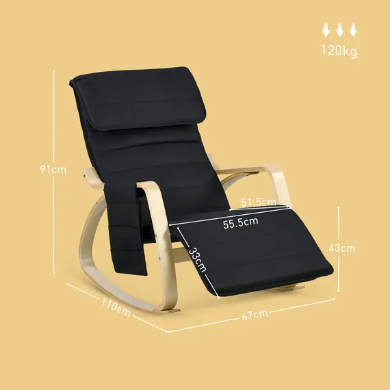 Buy HOMCOM Rocking Lounge Chair Recliner Relaxation Lounging Relaxing Seat with Adjustable Footrest, Side Pocket and Pillow, Black, 3 image