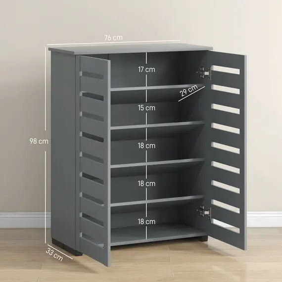 Buy Narrow Shoe Cabinet for Entryway, 5-Tier Slim Shoe Storage Cabinet with 2 Slatted Doors and Adjustable Shelves Grey, 3 image