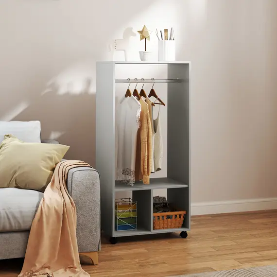 Buy Open Wardrobe on Wheels, Bedroom Wardrobe with Clothes Hanging Rail, 2 Storage Shelves, Mobile Garment Rack for Cloakroom, Hallway, Grey, 2 image