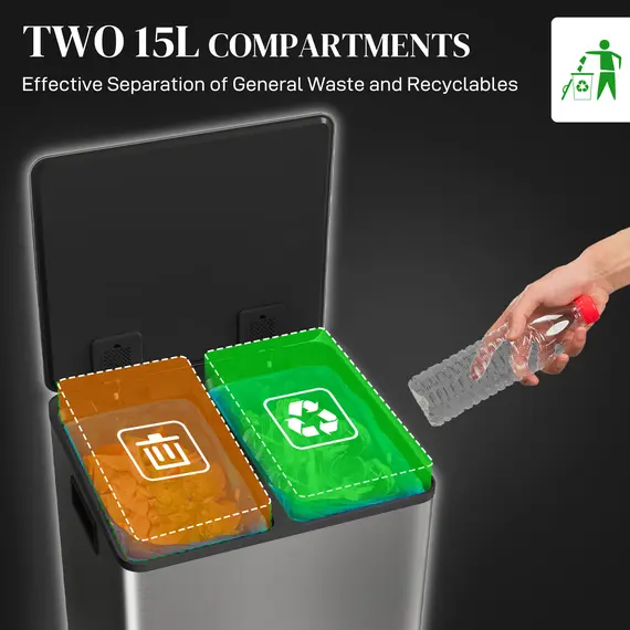 Buy HOMCOM 30L Dual Compartment Stainless Steel Bin, with Deodoriser Holders - Silver Tone, 4 image