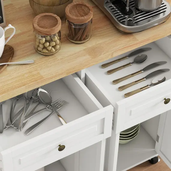Buy Rolling Kitchen Island Storage Trolley with Rubber Wood Top & Drawers for Dining Room, Cream White, 9 image