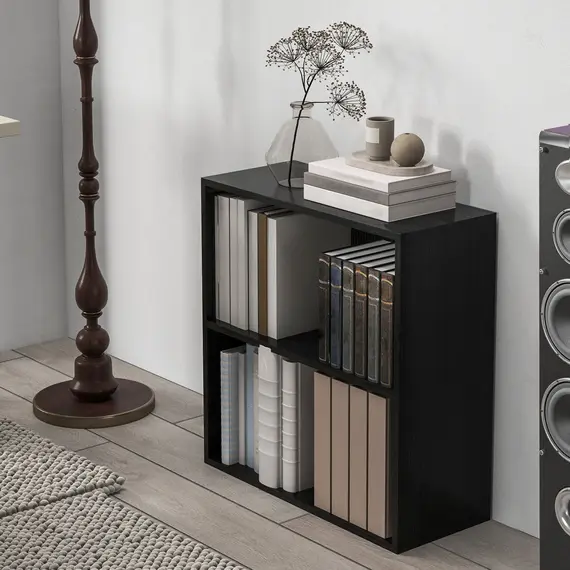Buy 2 Tier Bookshelf, Low Bookcase with Adjustable Shelf, 2 Compartments for Home Office, Living Room, Study, Black, 7 image