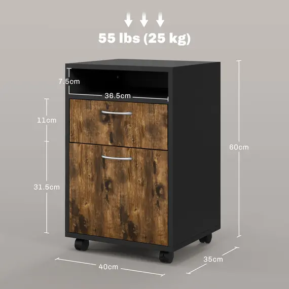 Buy HOMCOM Filing Cabinet, Mobile File Cabinet with 2 Lockable Drawers, Office Home Organiser on Wheels for A4, Letter-Size File Folders, Mobile Printer with Open Shelf, Rustic Brown, 3 image