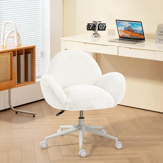 Buy Makeup Vanity Chair, Cute Fluffy Desk Chair with Rolling Wheels for Bedroom Living Room, Cream White, 7 image