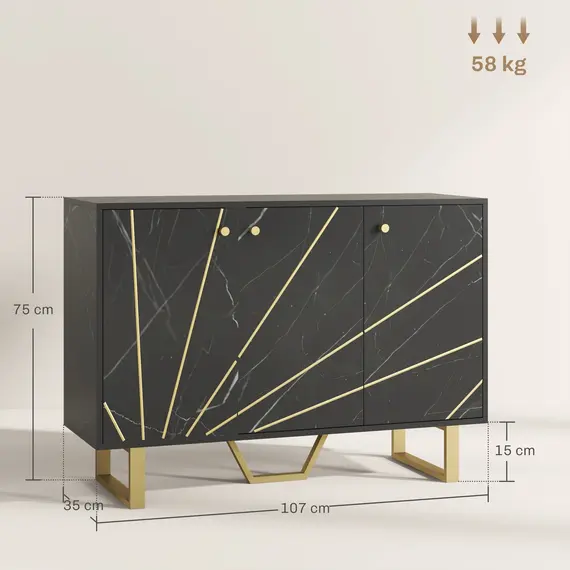 Buy Sideboard Storage Cabinet, Modern Storage Cupboard with Adjustable Shelves and Metal Legs for Living Room, Kitchen, Dining Room, Entryway, Black Marble Tone, 3 image