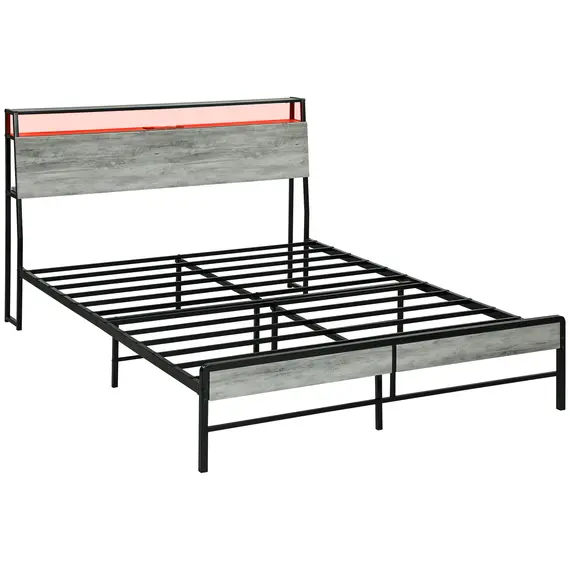 Buy Double Steel Bed Frame, with LED Lights and Shelf - Grey