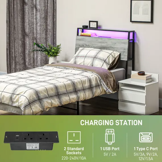 Buy Single Steel Bed Frame, with LED Lights and Shelf - Grey, 4 image