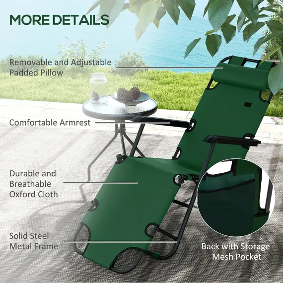 Buy Outsunny 2 Pack 2 in 1 Sun Lounger Folding Reclining Chairs Garden Outdoor Camping Adjustable Back with Pillow, Green, 6 image