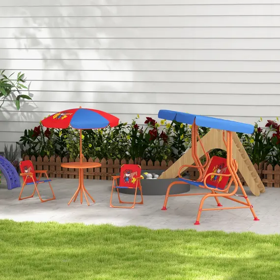 Buy 4 Piece Kids Garden Furniture Set with Adjustable Canopy, Cowboy Themed, Kids Garden Table and Chair Set and Double Seat Swing Chair for Patio Park Porch, for Ages 3-6 Years - Red and Blue, 2 image