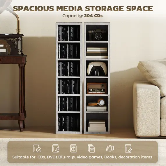 Buy Set of 2 CD Media Display Shelf Unit Tower Rack with Adjustable Shelves, Cement Grey, 4 image