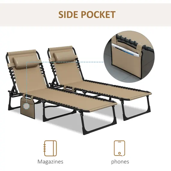 Buy Outsunny Portable Sun Lounger Set of 2, Folding Camping Bed Cot, Reclining Lounge Chair 5-position Adjustable Backrest with Side Pocket, Pillow for Patio Garden Beach Pool, Beige, 7 image