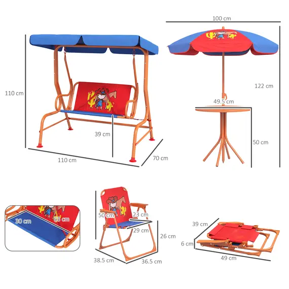 Buy 4 Piece Kids Garden Furniture Set with Adjustable Canopy, Cowboy Themed, Kids Garden Table and Chair Set and Double Seat Swing Chair for Patio Park Porch, for Ages 3-6 Years - Red and Blue, 3 image