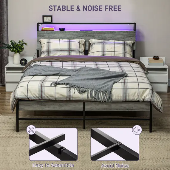 Buy Double Steel Bed Frame, with LED Lights and Shelf - Grey, 7 image