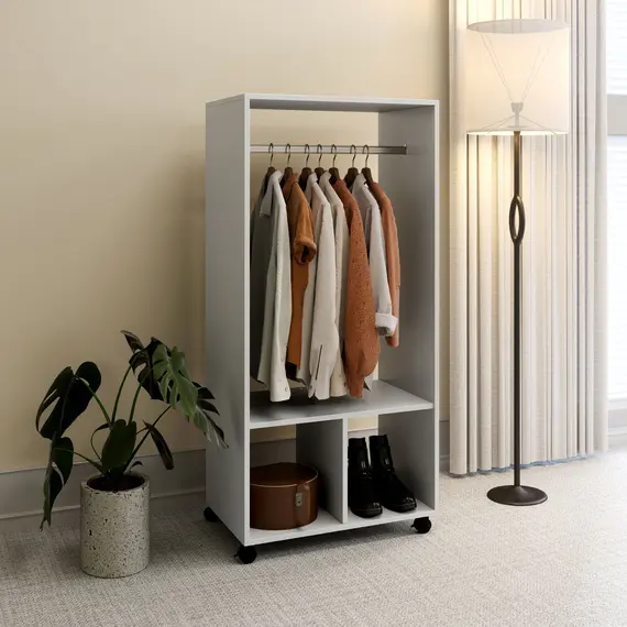 Buy Open Wardrobe on Wheels, Bedroom Wardrobe with Clothes Hanging Rail, 2 Storage Shelves, Mobile Garment Rack for Cloakroom, Hallway, Grey, 8 image