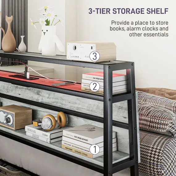 Buy Double Steel Bed Frame, with LED Lights and Shelf - Grey, 6 image