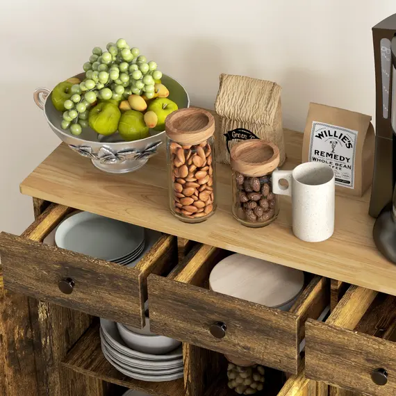 Buy Sideboard with Rubberwood Top and Adjustable Shelves for Dining Room, Kitchen - Rustic Brown, 9 image
