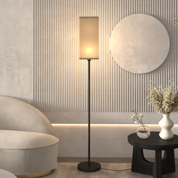 Buy Floor Lamp, Modern Standing Lamp with Linen Shade, Tall Lamps for Living Room, Bedroom, with Foot Switch, Bulb not Included, Black, 9 image