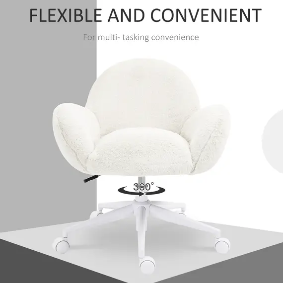 Buy Makeup Vanity Chair, Cute Fluffy Desk Chair with Rolling Wheels for Bedroom Living Room, Cream White, 5 image