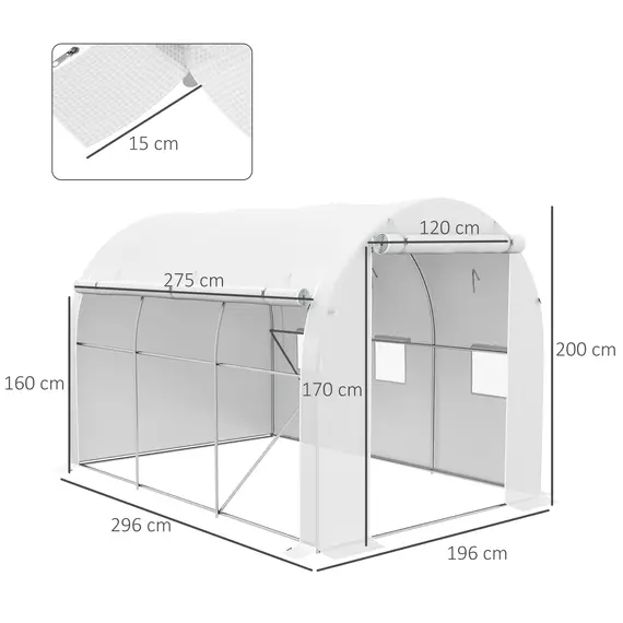 Buy Outsunny 296 x 196cm Steel Frame Polytunnel Greenhouse - White, 3 image