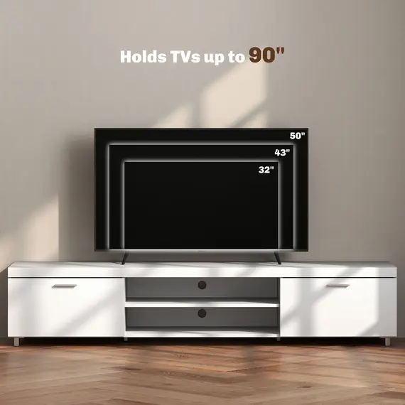 Buy Modern TV unit Cabinet Entertainment Centre for TVs up to 90" w/ Cabinet Shelf for Living room Bedroom White, 8 image