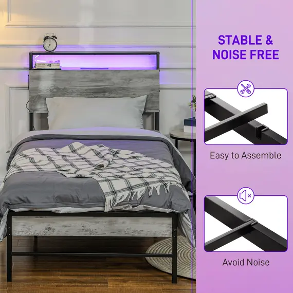 Buy Single Steel Bed Frame, with LED Lights and Shelf - Grey, 6 image