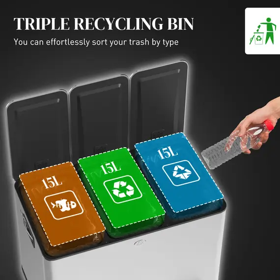 Buy 3 x 15L Pedal Bin, Steel Triple Kitchen Bin with Soft Close Lid, Removable Inner Buckets, Fingerprint-Proof, Silver Tone, 4 image