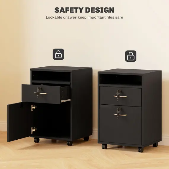 Buy HOMCOM Filing Cabinet, Mobile File Cabinet with 2 Lockable Drawers, Office Home Organiser on Wheels for A4, Letter-Size File Folders, Mobile Printer with Open Shelf, Black, 7 image