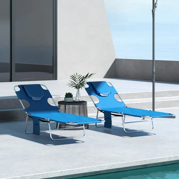 Buy Outsunny Foldable Sun Lounger Set of 2 with Reading Hole, Portable Sun Lounger with 5 Level Adjustable Backrest, Reclining Lounge Chair with Side Pocket, Headrest Pillow, Blue, 2 image