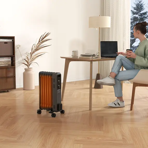 Buy 1500W Oil Filled Radiator, Portable Electric Heater with 3 Heat Settings, Safety Cut-Off and Wheels, Grey, 9 image