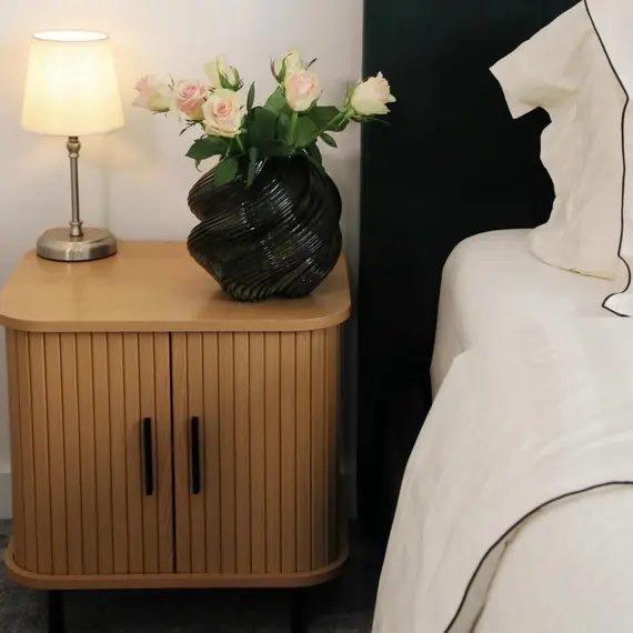 Buy Nightstand with Sliding Doors and Metal Legs Oak Tone, 7 image