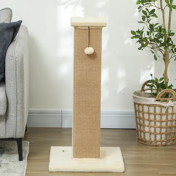 Buy 81cm Cat Scratcher, Vertical Full Scratcher w/ Natural Jute Rope, Hanging Ball, Soft Plush - Beige, 8 image