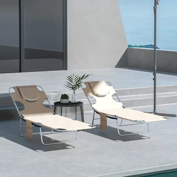 Buy Outsunny Foldable Sun Lounger Set of 2, Beach Chaise Lounges with Reading Hole, Arm Slots, 5-Position Adjustable Backrest, Side Pocket, Pillow for Patio, Garden, Beach, Pool, Beige, 2 image